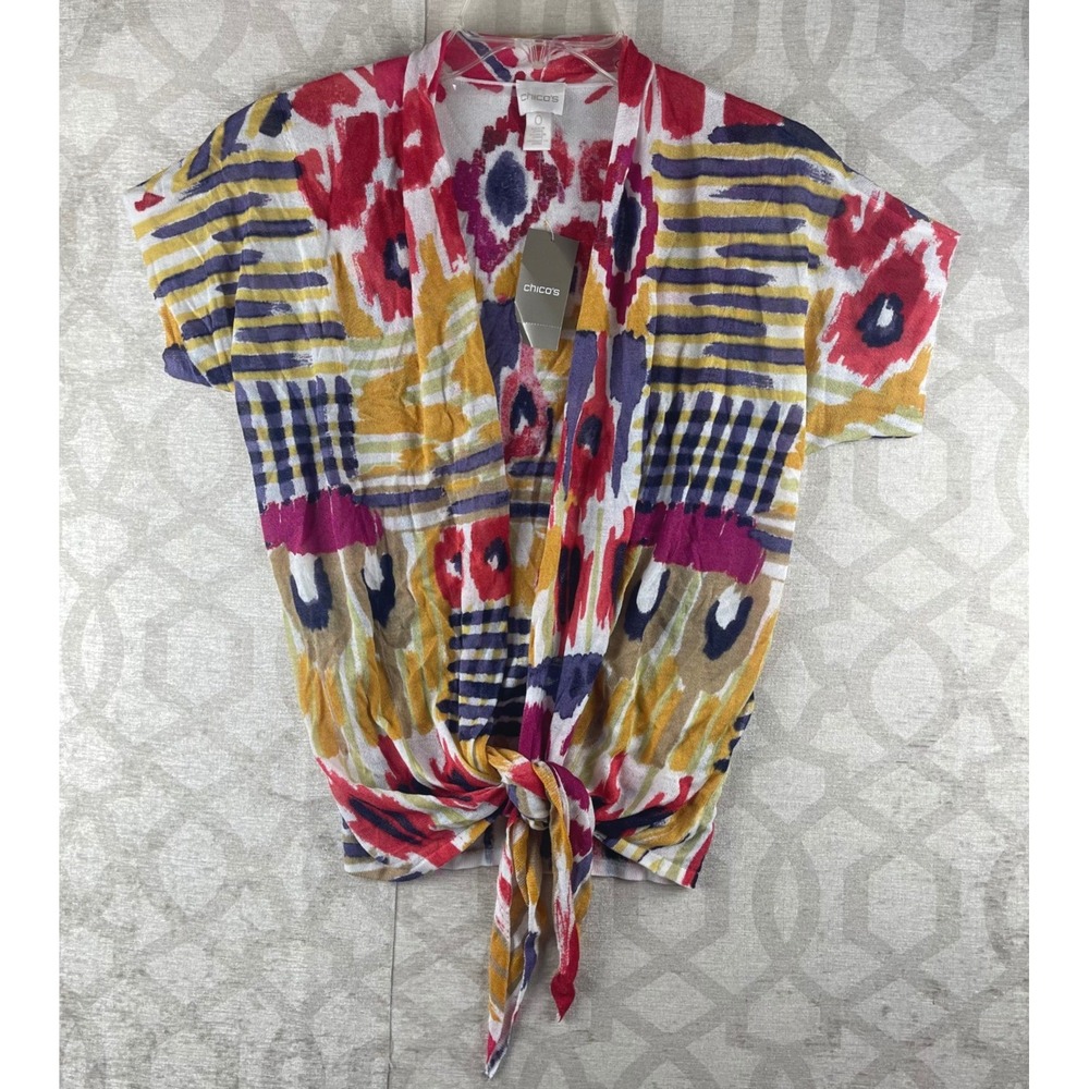 Chico's Ikat Print Tie-Front Cardigan Women's 0 Small Multi Color NWT Rayon Knit